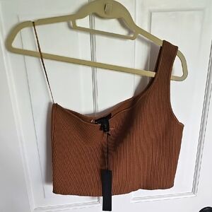 House of Harlow 1960 Brown Ribbed One Shoulder Cropped Tank Top
